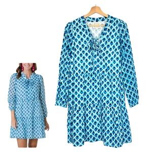Sail to Sable Long Sleeve Tiered Dress Blue White Size Small NWOT